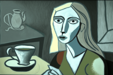 Ein kubistisches Kunstgemälde einer Frau, die eine Tasse Tee in der Hand hält.