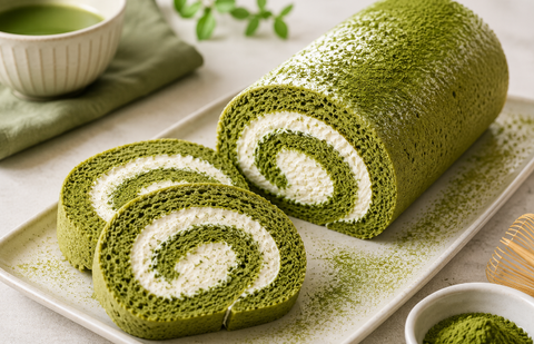 Luftige Matcha Cake Roll mit cremiger Frischkäsefüllung auf einem hellen Teller, bestäubt mit Matcha-Pulver.